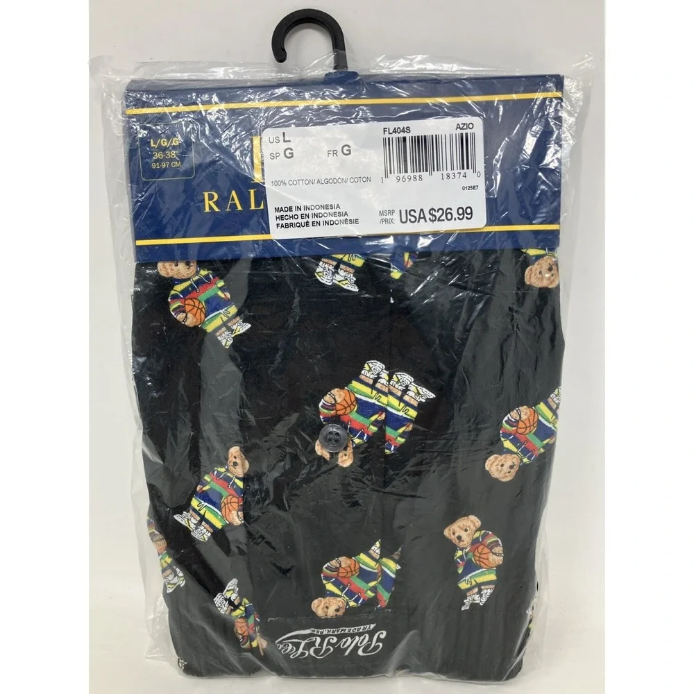 Polo Ralph Lauren Basketball Bear Logo 100% Cotton Black Boxers Men's Large NEW